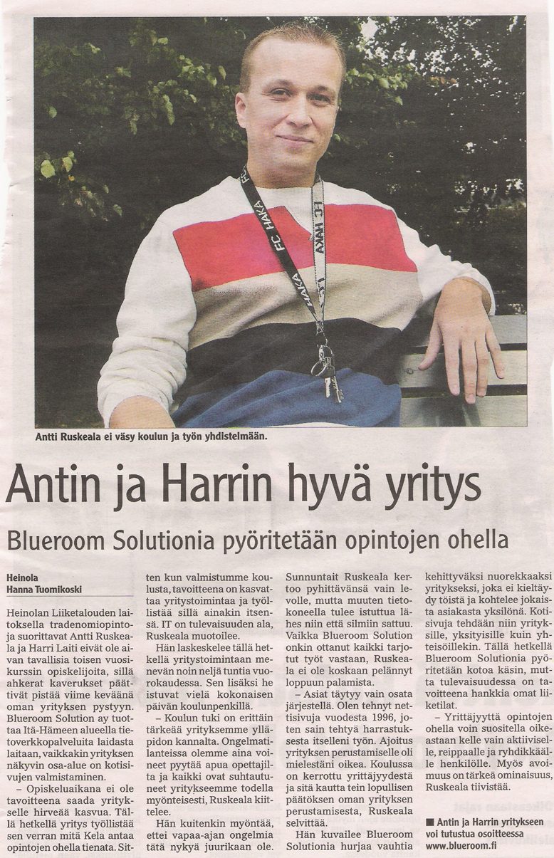 Lehtileike: Antti Ruskeala ja Harri Laiti perustivat Blueroom Solution -yrityksen tradenomiopintojen ohella Heinolassa.